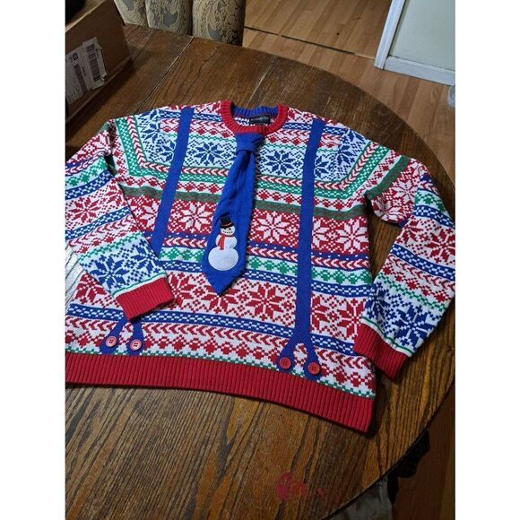 Large Blizzard Bay Mens Ugly Christmas Holiday Sweater Knit Pullover Tie Snowman - Picture 4 of 7